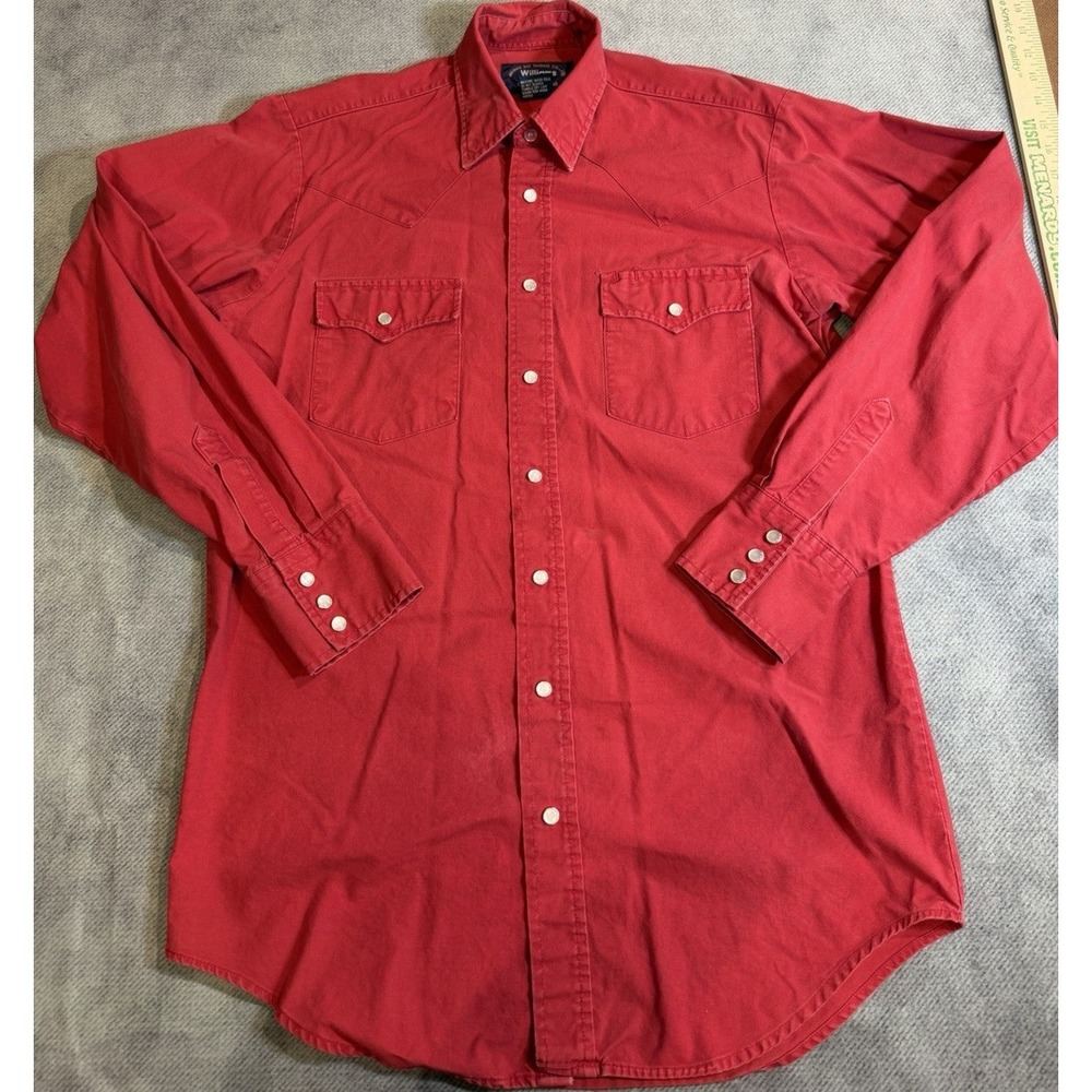 VTG Williams Bay western Red Solid Cotton Woven Button-Up  Collar Pockets Mens M